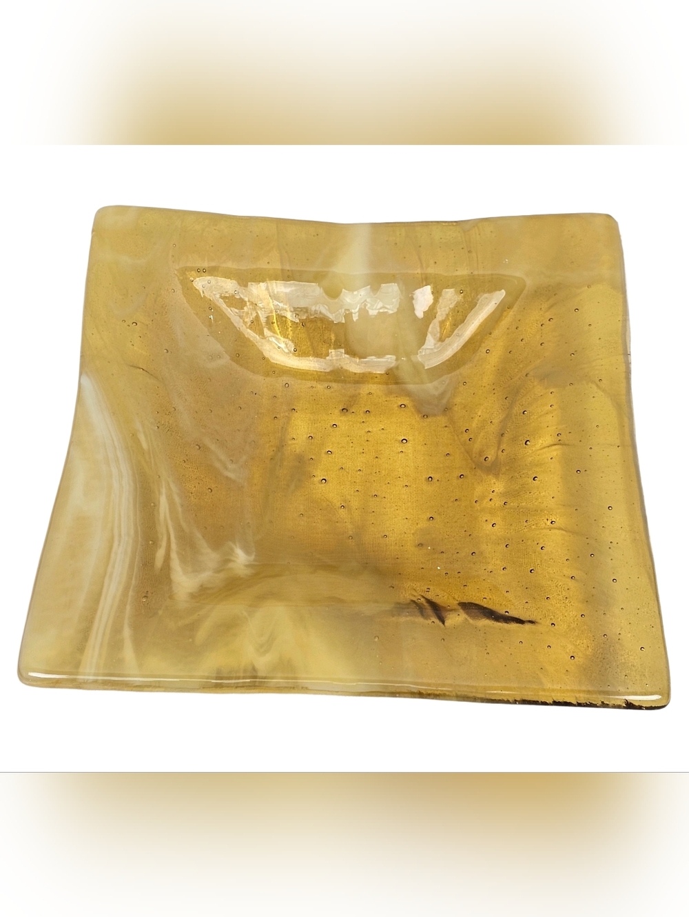Vintage Murano Bullicante Glass Catchall Dish Amber Opalescent Lattimo Swirl MCM